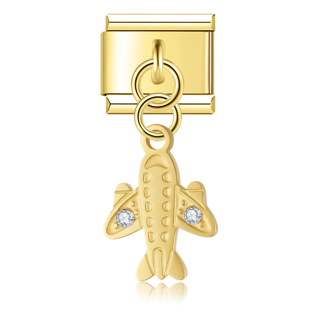 Airplane with CZ – Gold Italian Pendant Charm