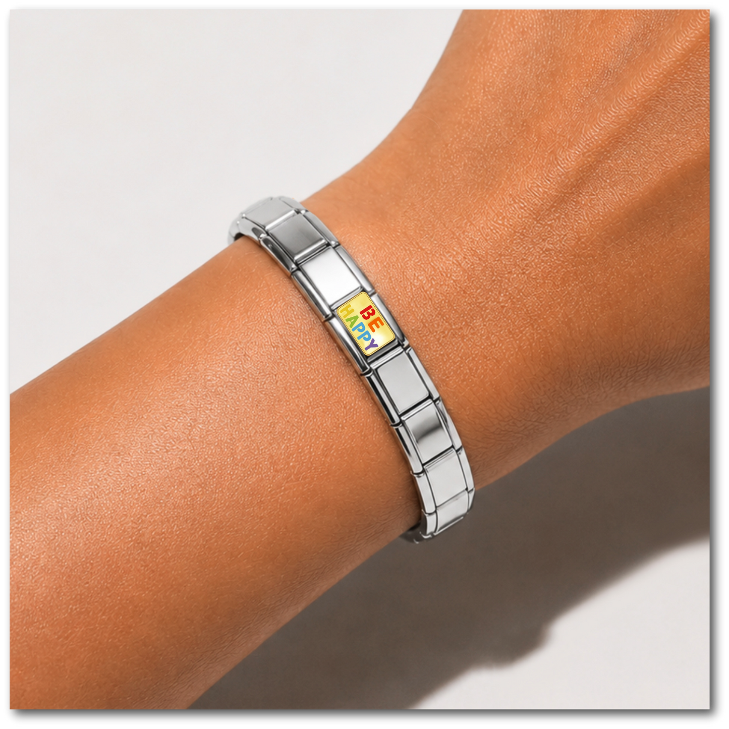 Be Happy – silver Italian charm worn on an Italian charm bracelet