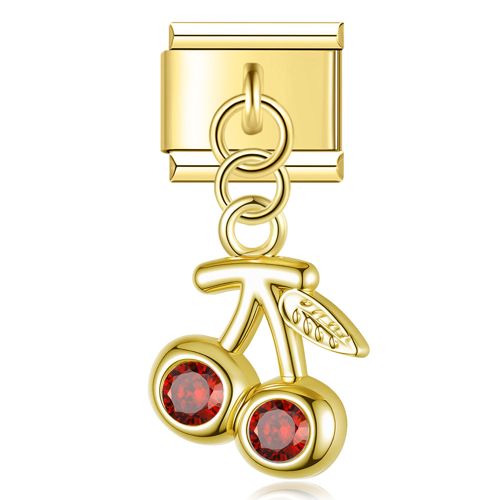 Cherry with Ruby CZ – Gold Italian Pendant Charm