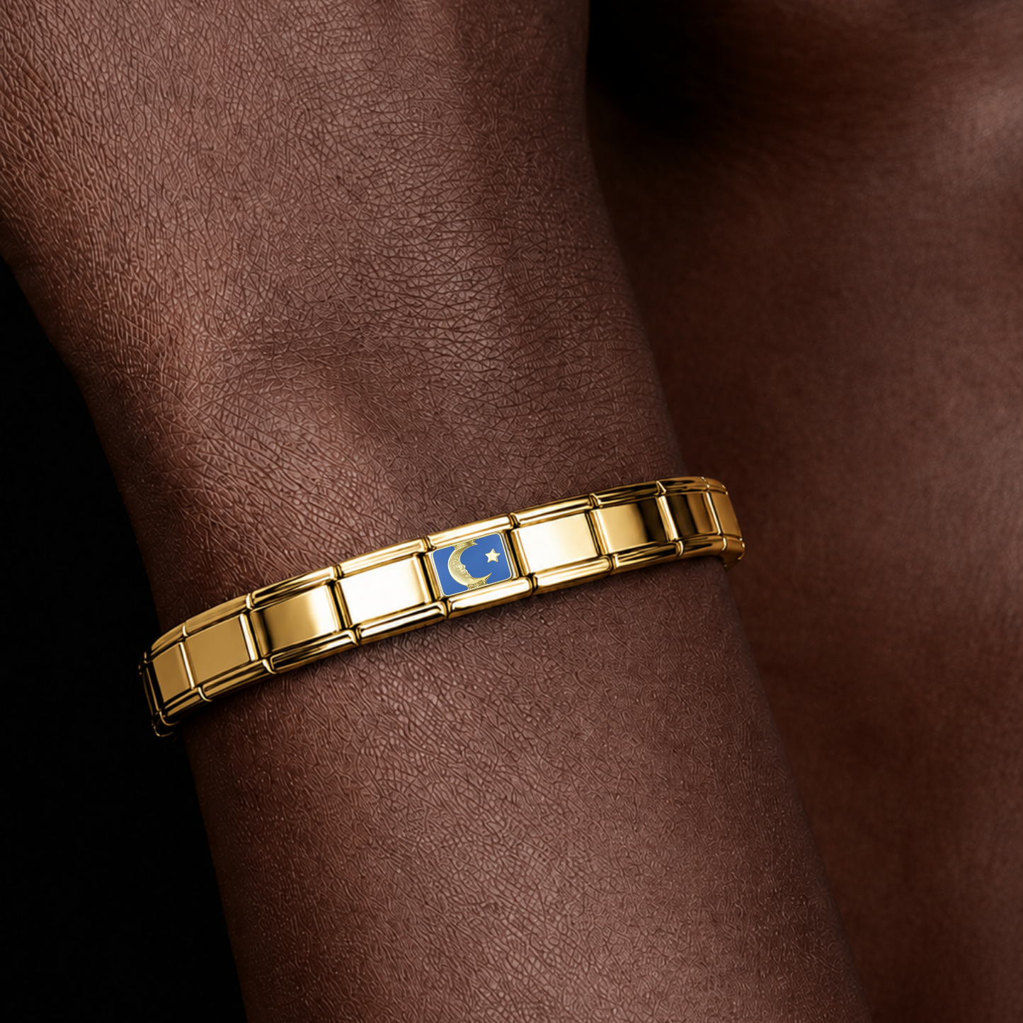 Classic Crescent Moon – gold Italian charm worn on an Italian charm bracelet