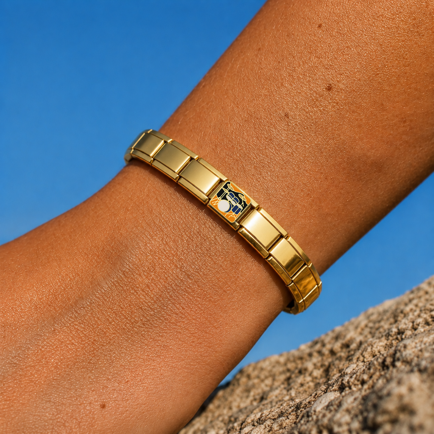 Drum Roll – gold Italian charm worn on an Italian charm bracelet