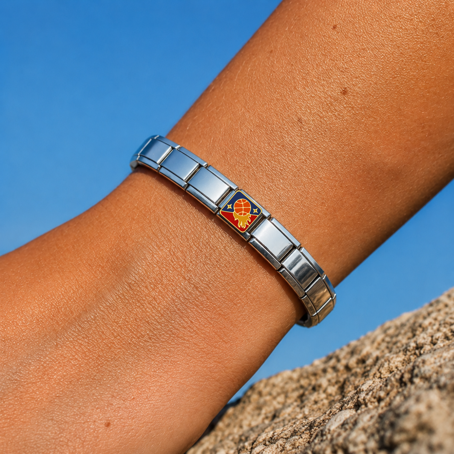 Fireball Basketball – silver Italian charm worn on an Italian charm bracelet