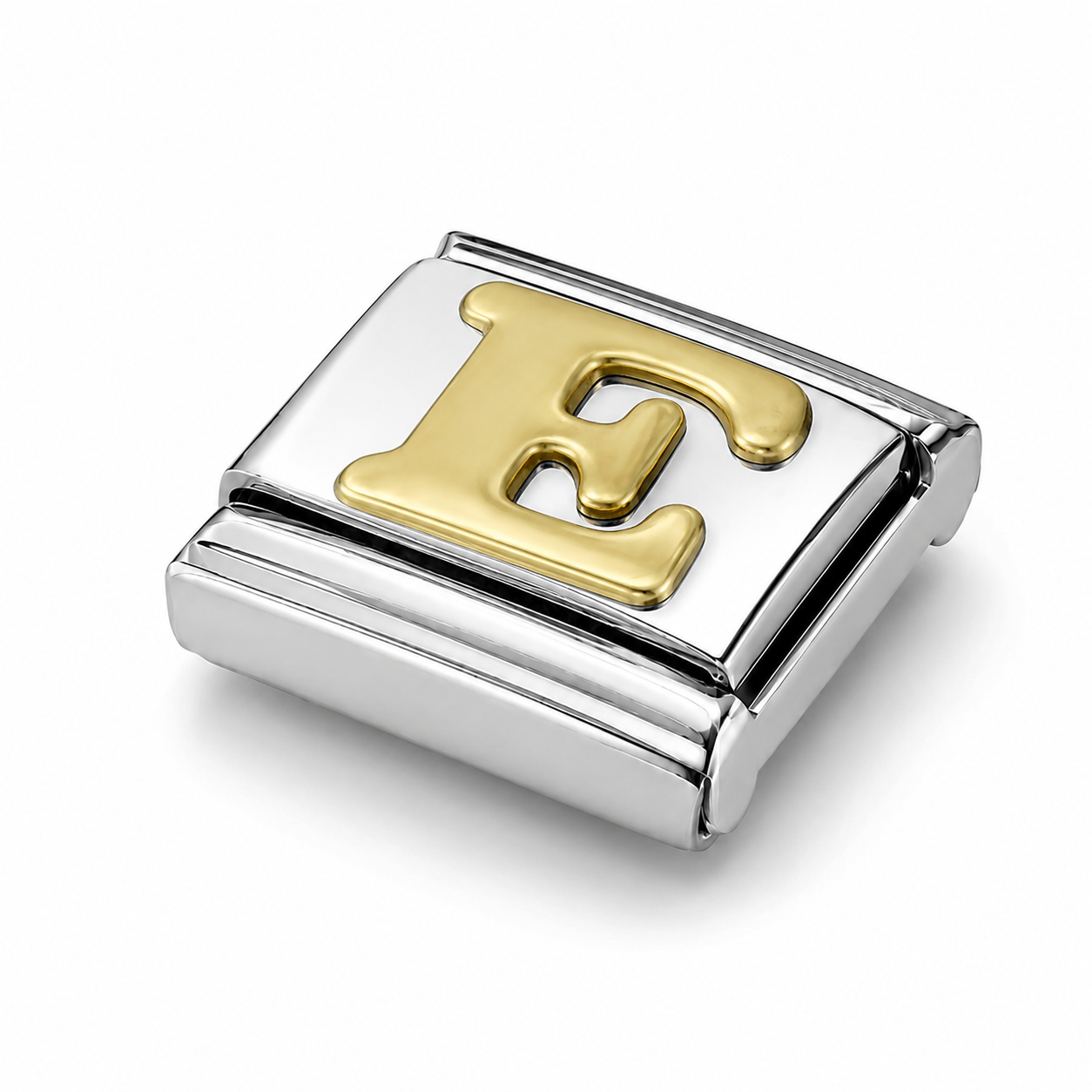 Golden Letter E – silver Italian charm close-up view