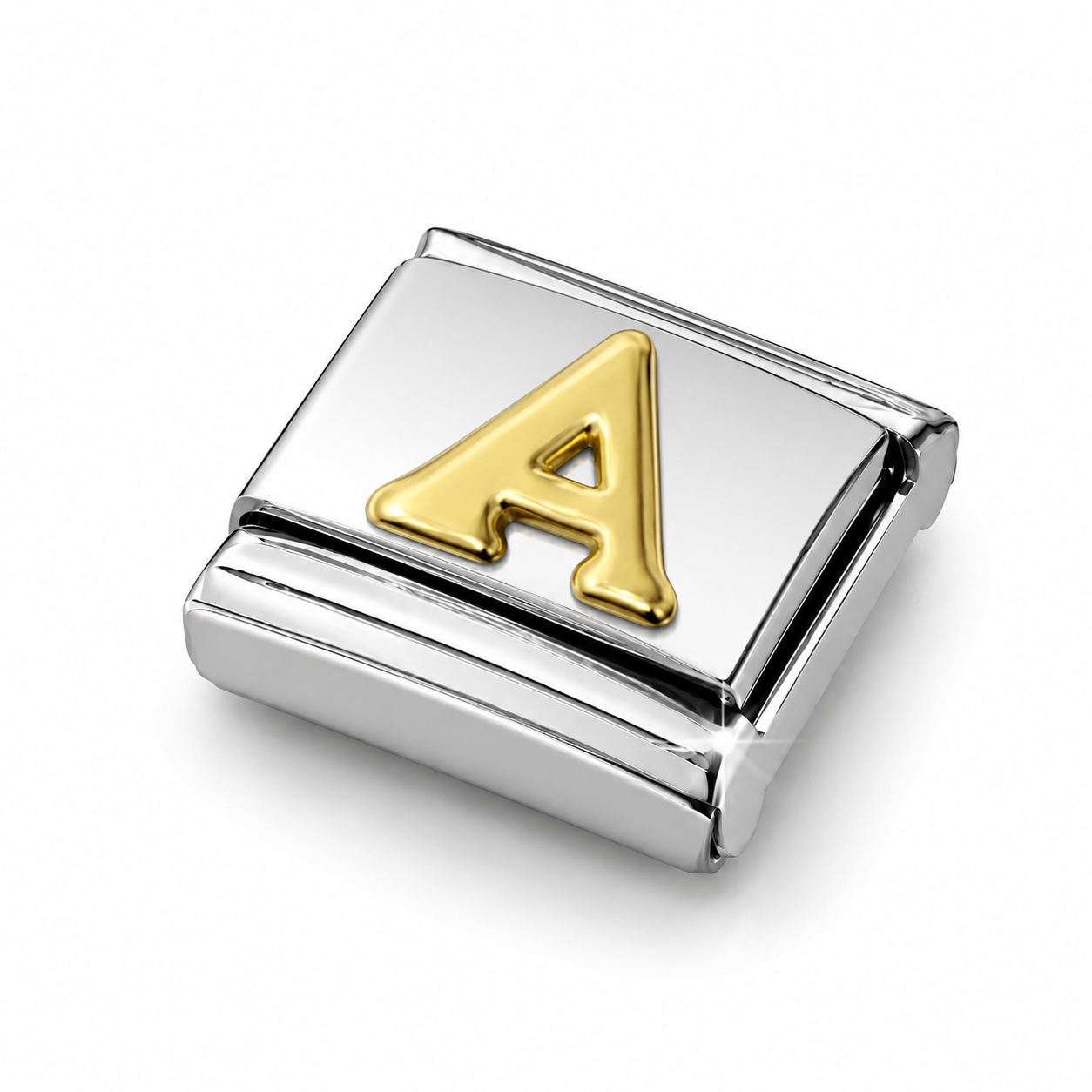 Golden letter A – silver Italian charm close-up view
