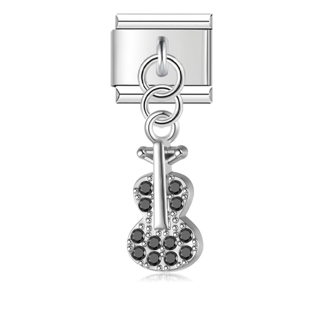 Guitar with Black CZ - Silver Pendant Charm