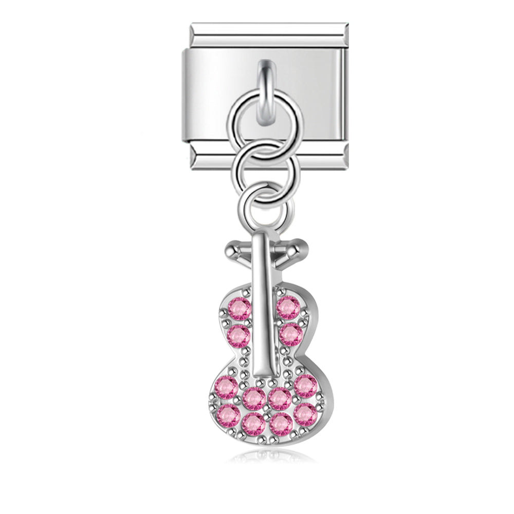 Guitar with Pink CZ - Silver Pendant Charm