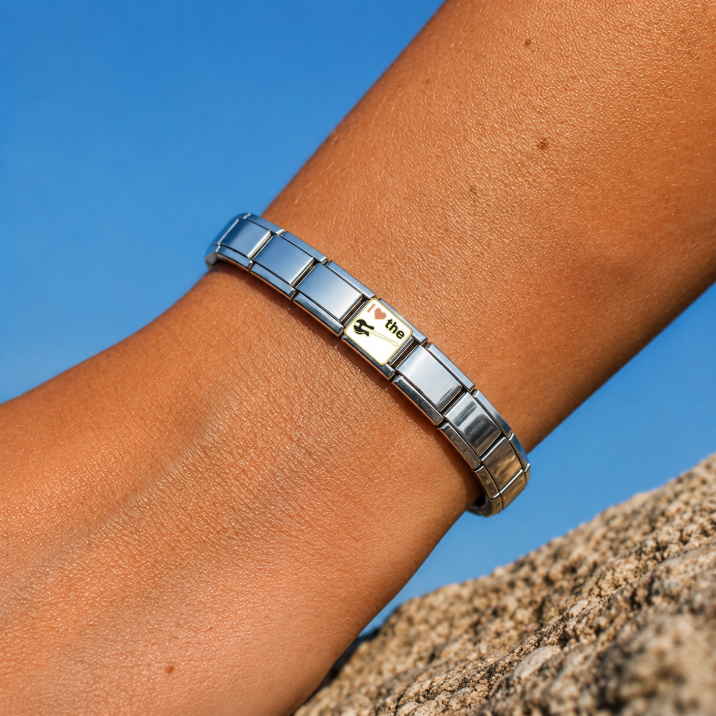 I Love The Guitar – silver Italian charm worn on an Italian charm bracelet