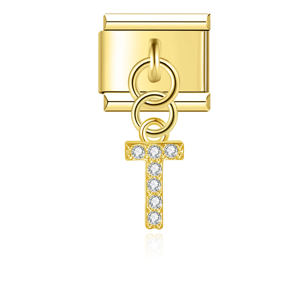 Letter T with CZ - Gold Pendant Charm