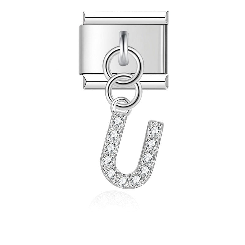 Letter U with CZ - Silver Pendant Charm