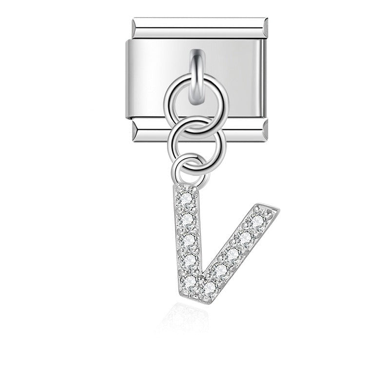 Letter V with CZ - Silver Pendant Charm