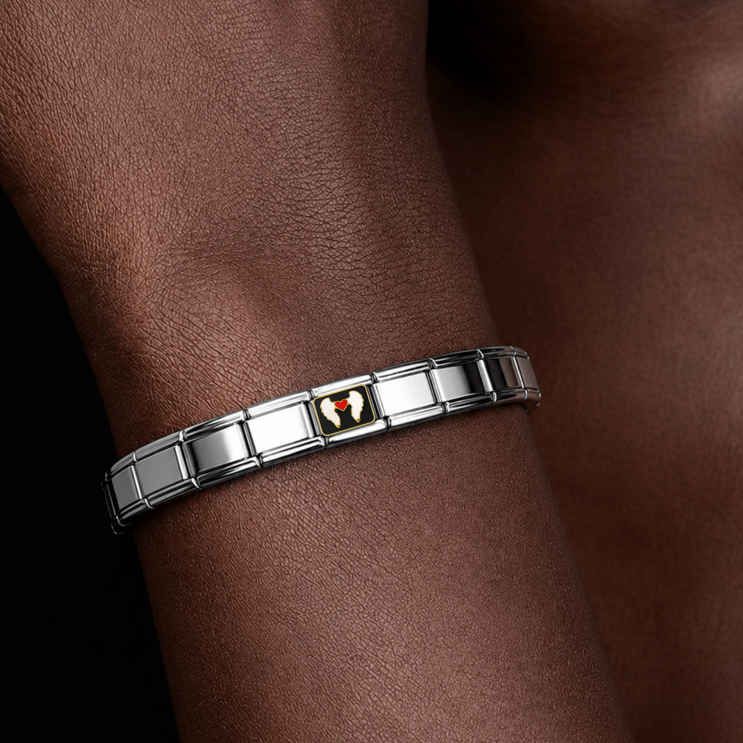 Midnight Wings – silver Italian charm worn on an Italian charm bracelet
