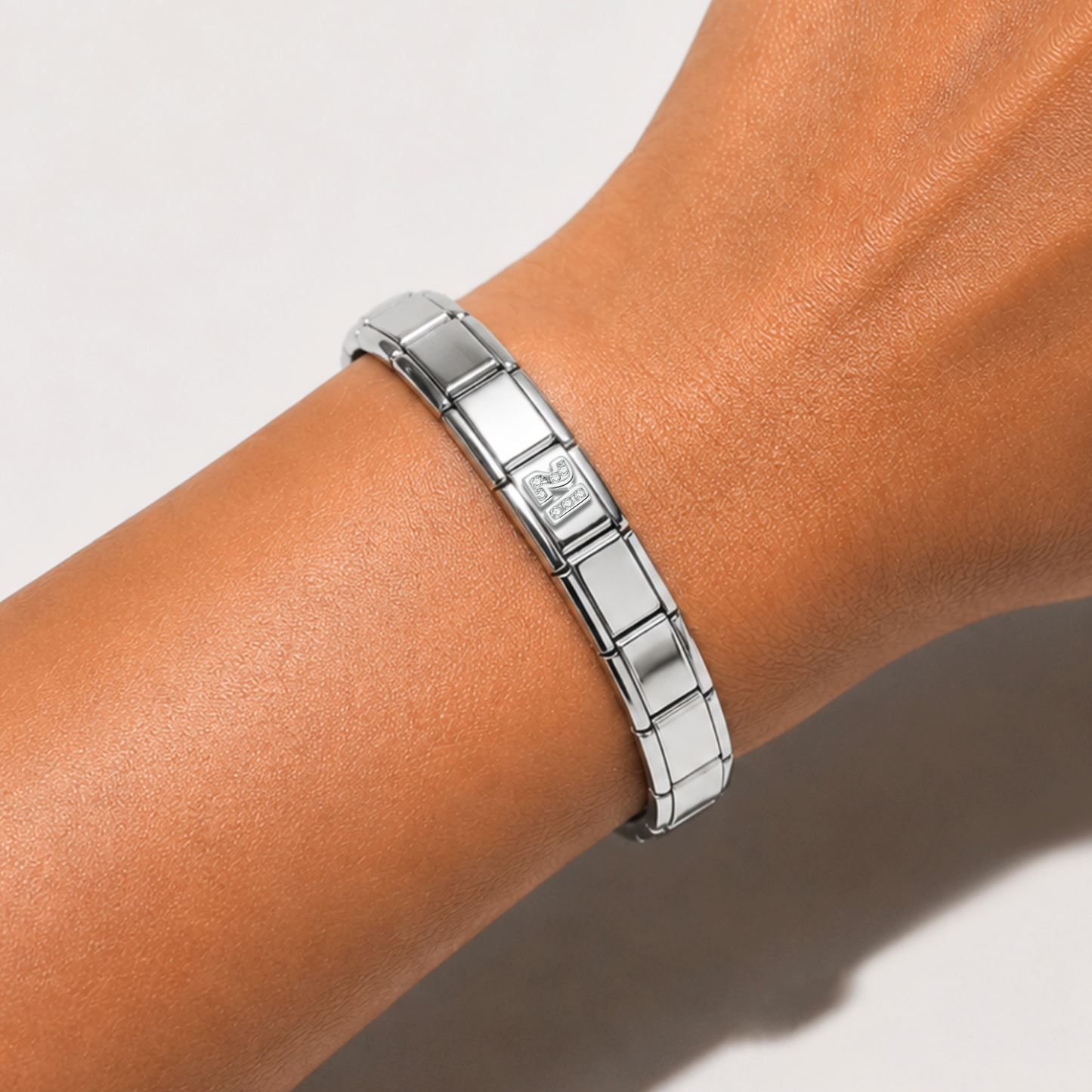 Number 21 with CZ – silver Italian charm worn on an Italian charm bracelet