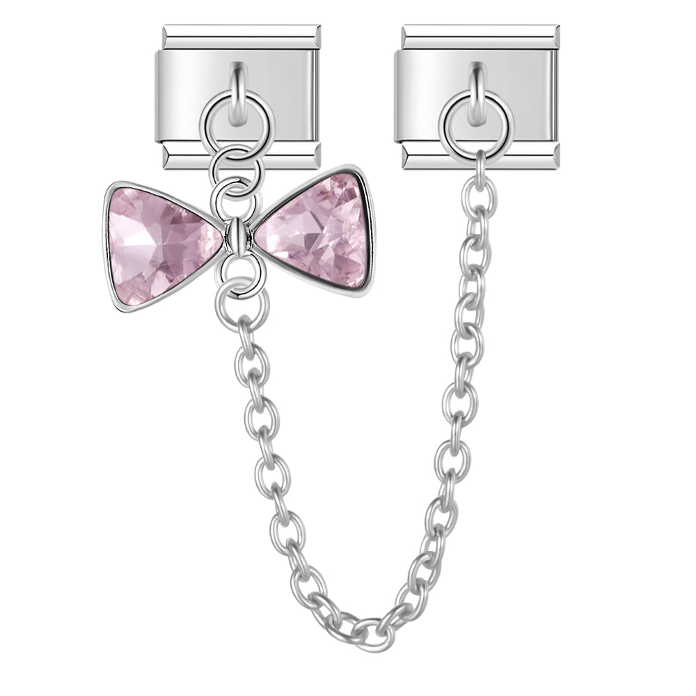 Pinky Gorgeous Bows with CZ - Silver Chain Charm