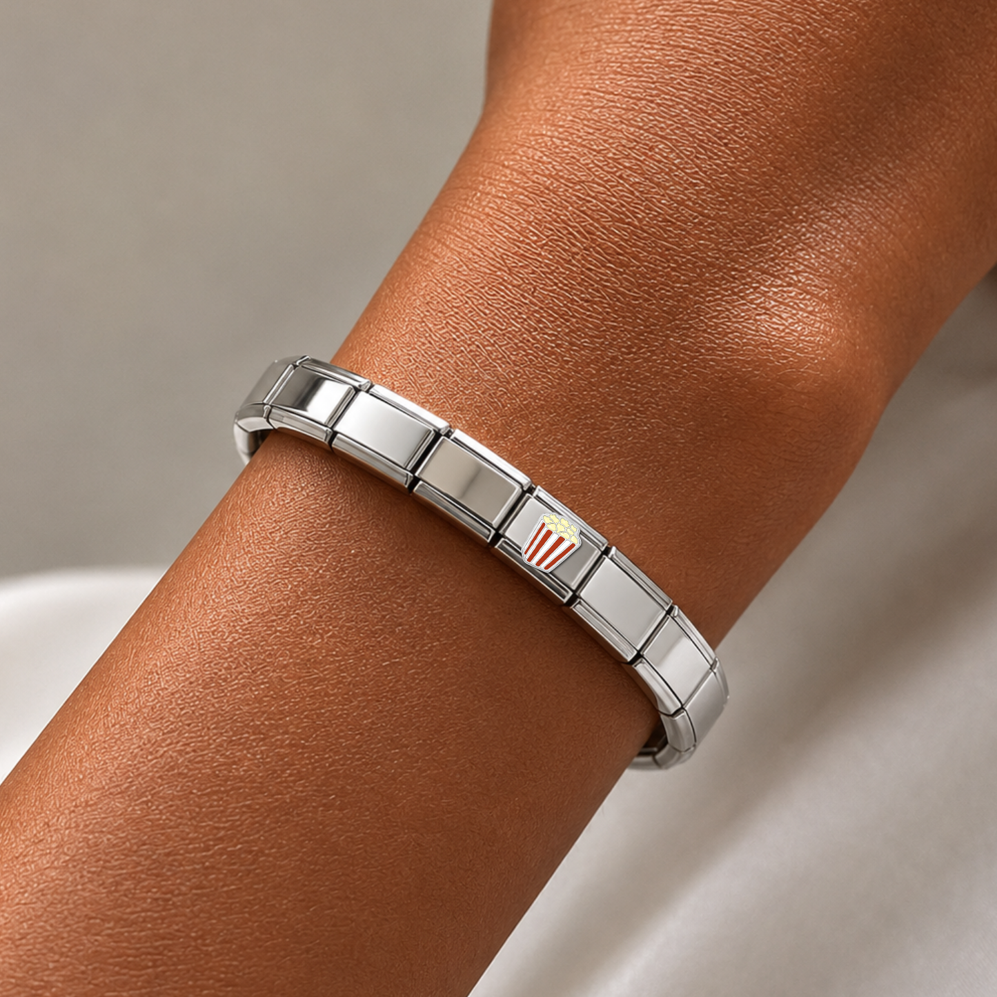 Popcorn Bliss – silver Italian charm worn on an Italian charm bracelet