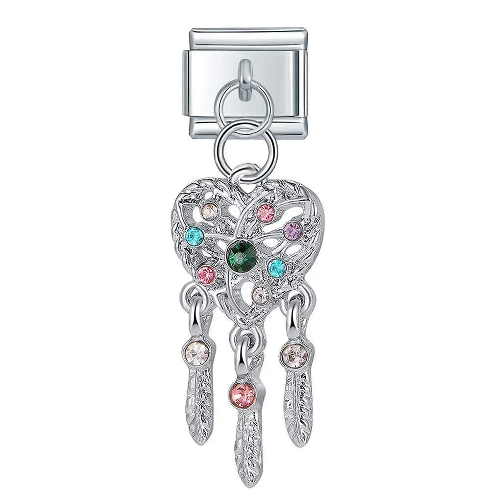 Heart Dream Catcher with Sparkling Stones - Silver Pendant Charm - Charmris