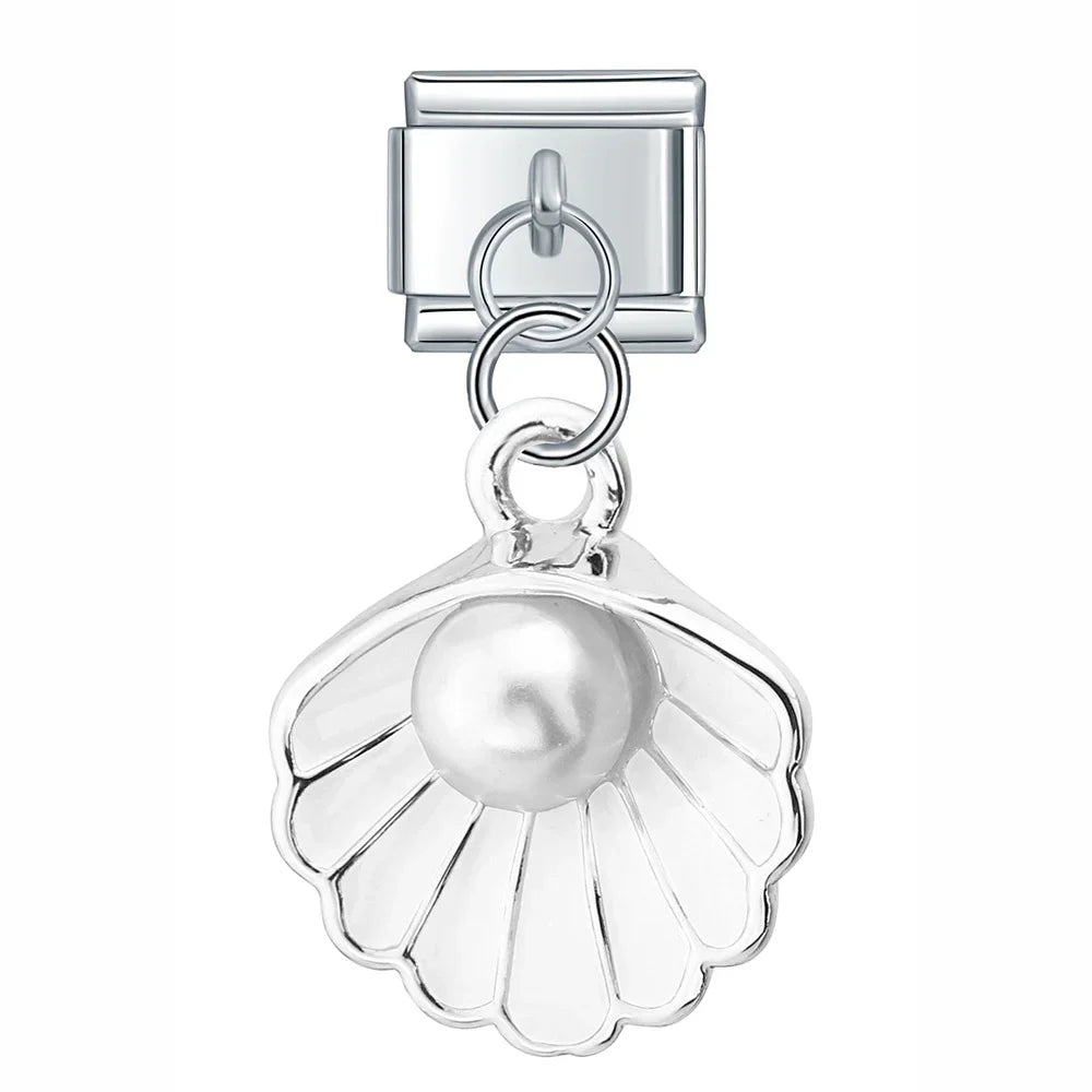 White Shell with Resin Pearl – Silver Italian Pendant Charm - Charmris