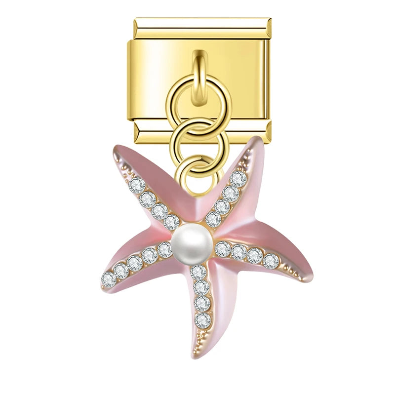Pink Starfish with CZ & Resin Pearl – Gold Italian Pendant Charm - Charmris