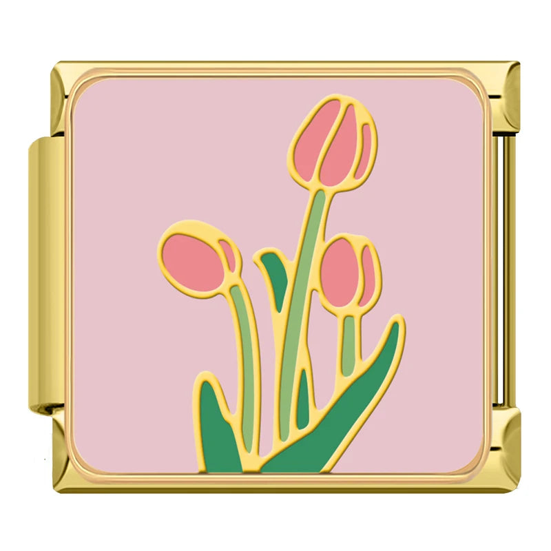 Sweet Pink Tulips - Gold Charm - Charmris