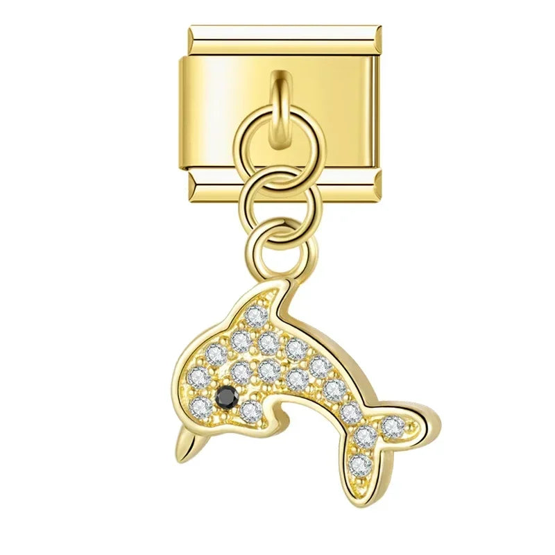 Dolphin with CZ - Gold Pendant Charm - Charmris