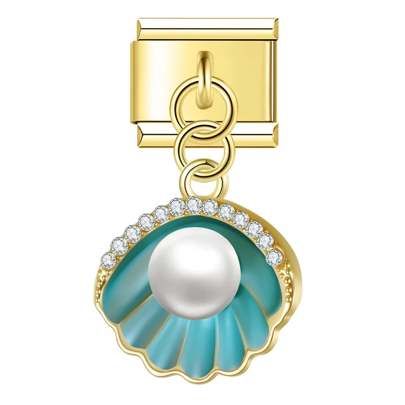 Teal Shell with CZ & Resin Pearl – Gold Italian Pendant Charm - Charmris