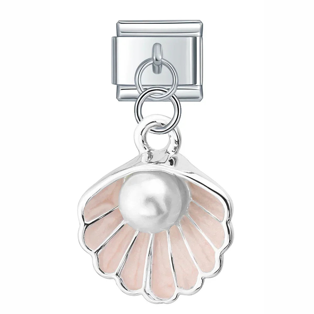 Pink Shell with Resin Pearl – Silver Italian Pendant Charm - Charmris