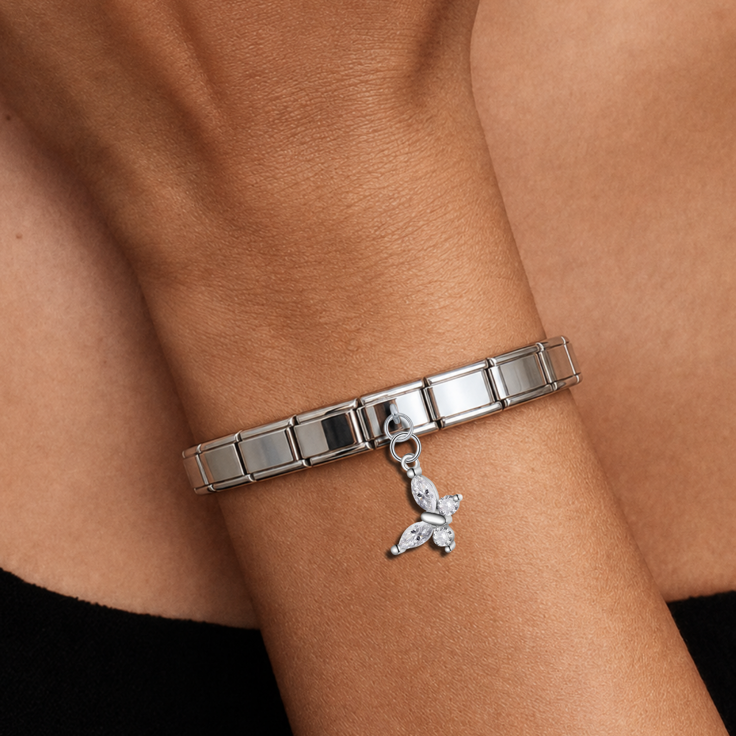 Silver Glitter Butterfly with CZ – silver Italian pendant charm worn on an Italian charm bracelet