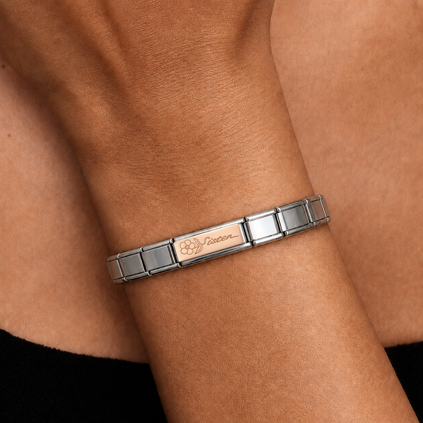Sister with Flower - Silver Rose Bar Charm – Italian charm worn on wrist