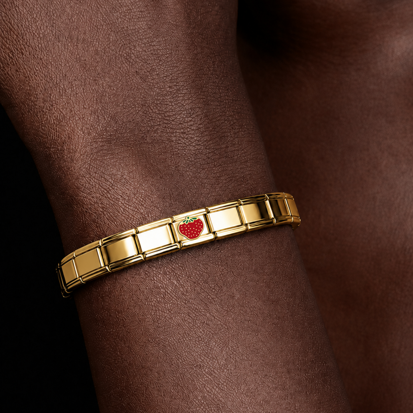 Strawberry – gold Italian charm worn on an Italian charm bracelet