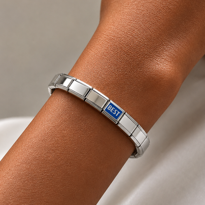 BEST – silver Italian charm worn on an Italian charm bracelet