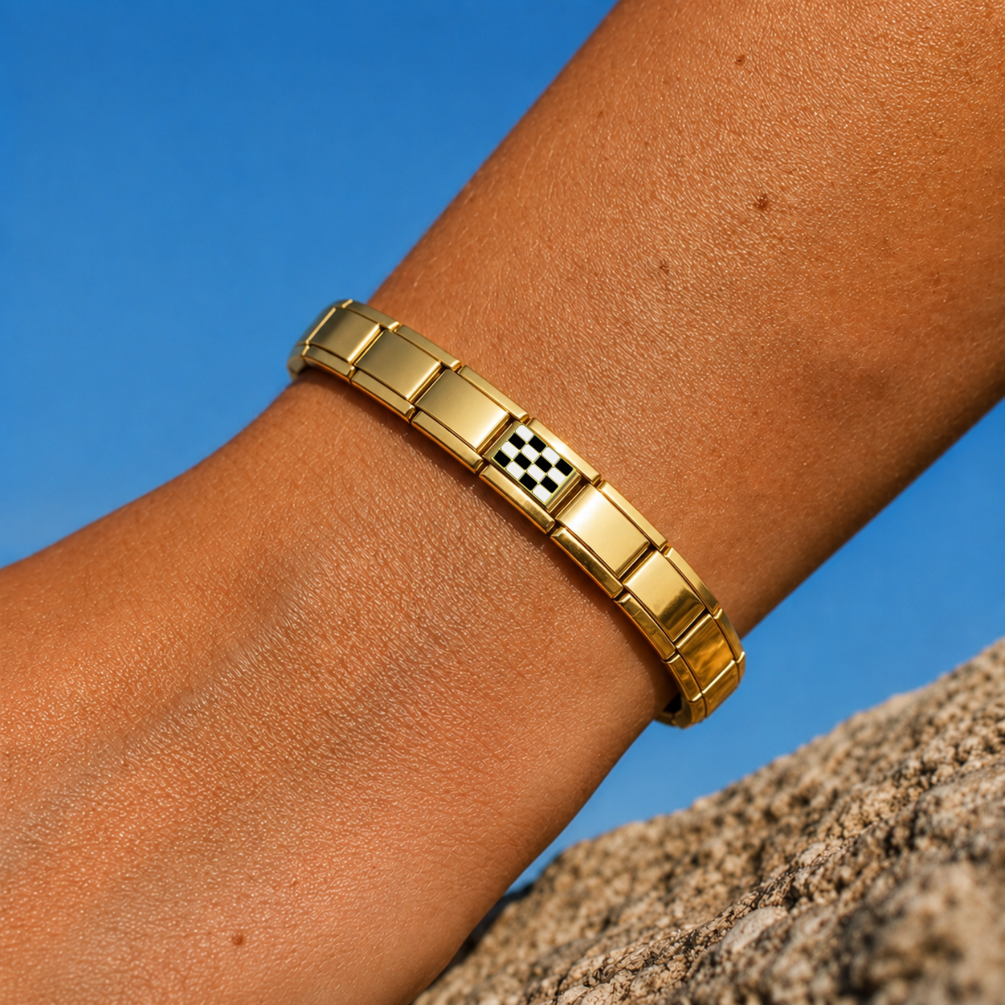 Chessboard Chic – gold Italian charm worn on an Italian charm bracelet