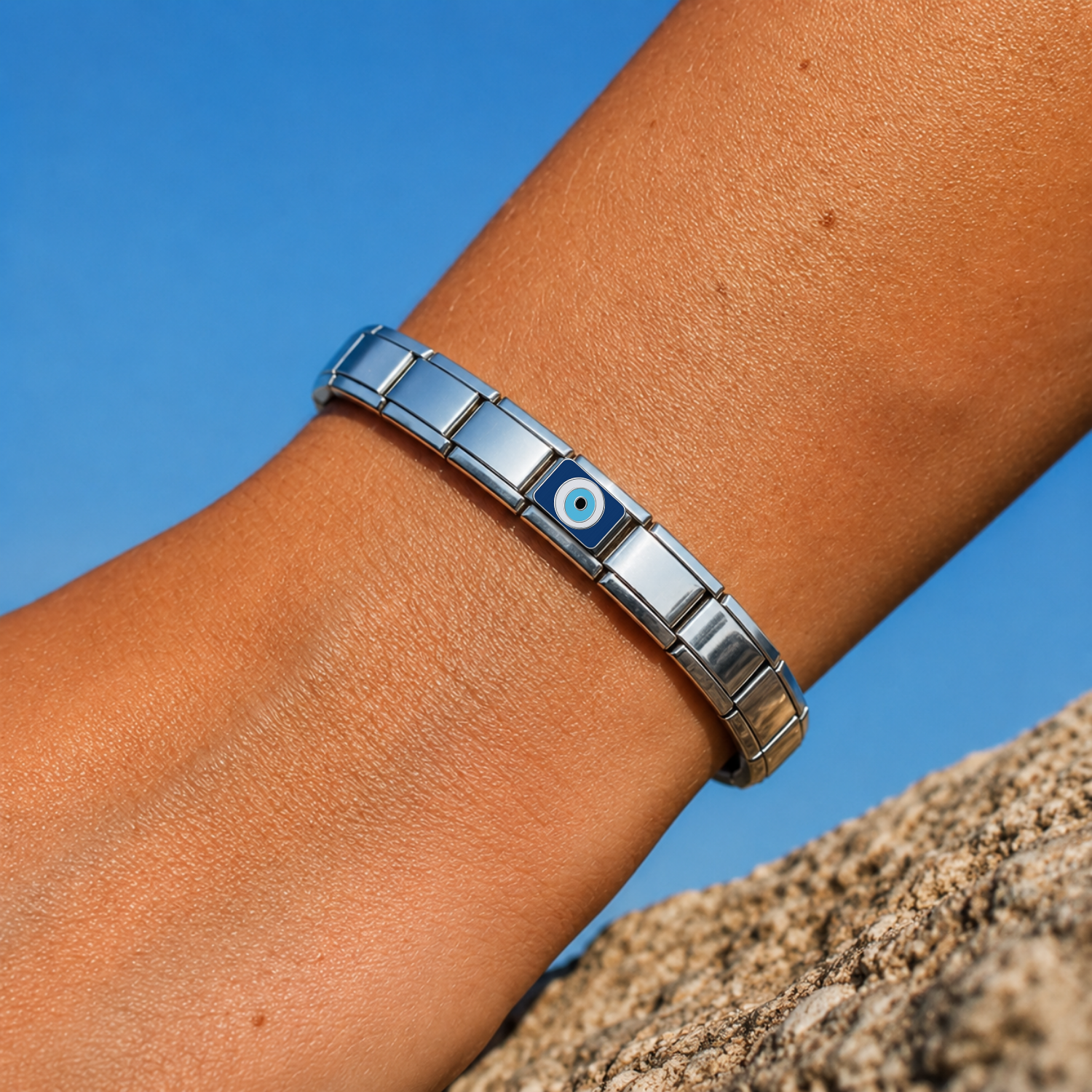 Classic Evil Eye – silver Italian charm worn on an Italian charm bracelet