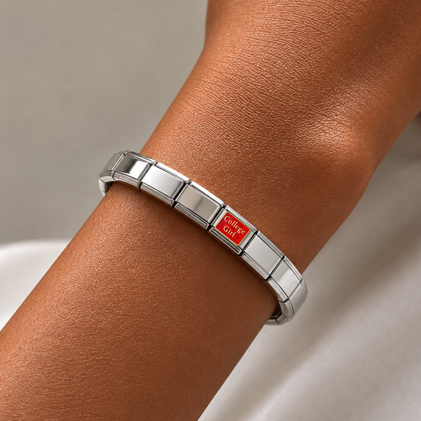 College Girl – silver Italian charm worn on an Italian charm bracelet