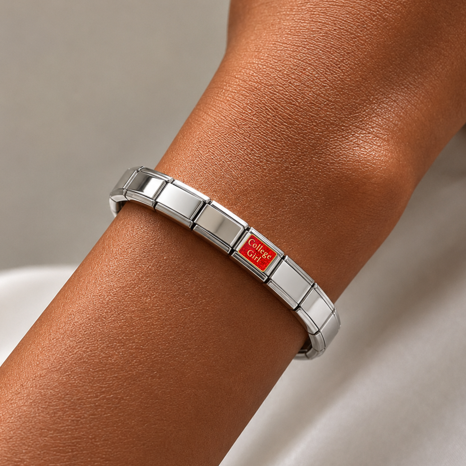 College Girl – silver Italian charm worn on an Italian charm bracelet
