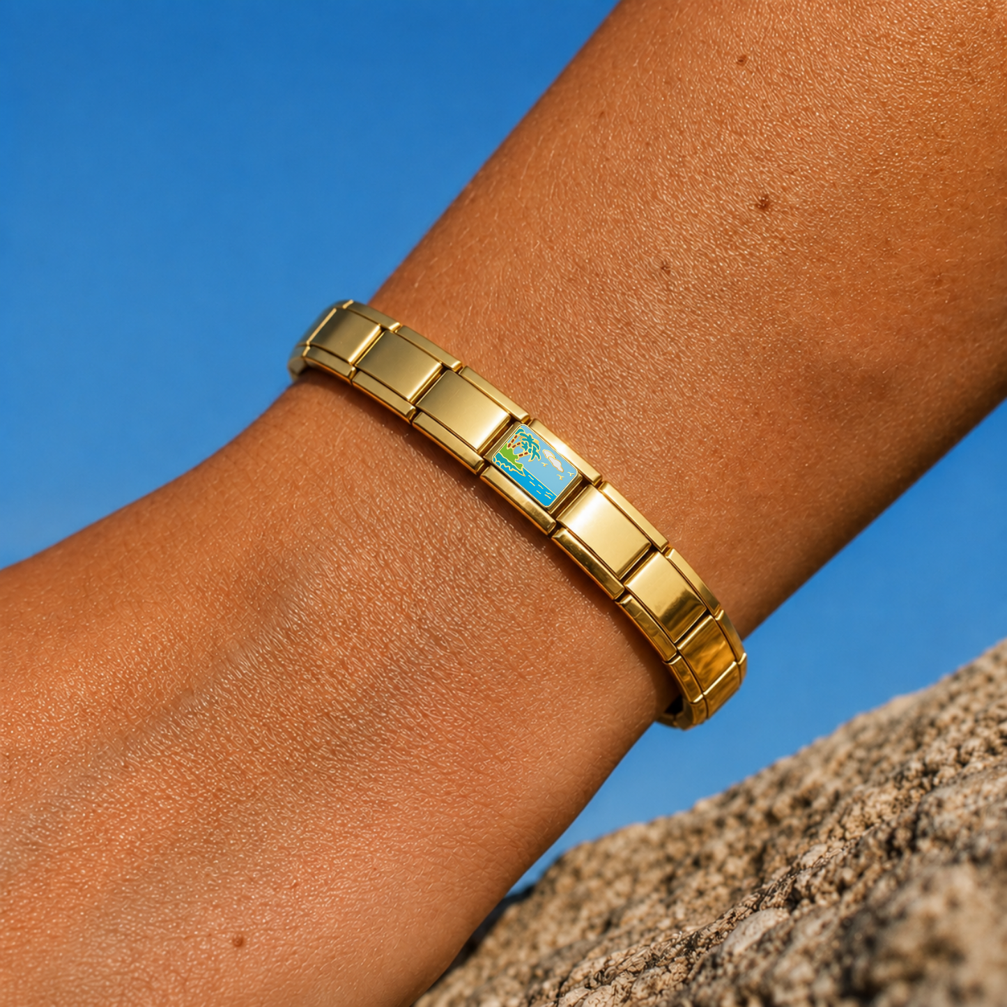 Cool Blue Sea – gold Italian charm worn on an Italian charm bracelet