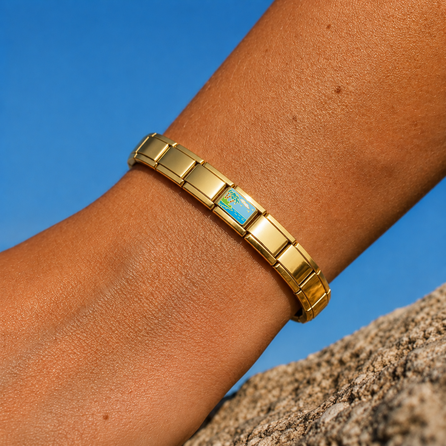 Cool Blue Sea – gold Italian charm worn on an Italian charm bracelet