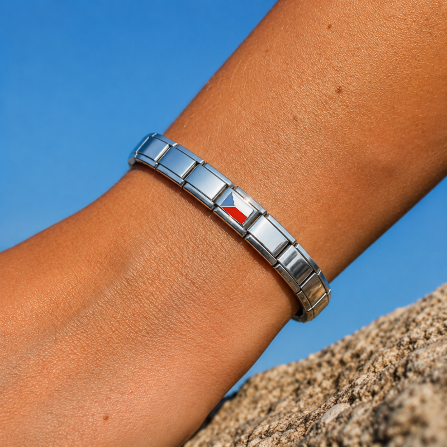 Czech Flag – silver Italian charm worn on an Italian charm bracelet