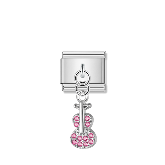 Guitar with Pink CZ – silver Italian pendant charm by Italycharm