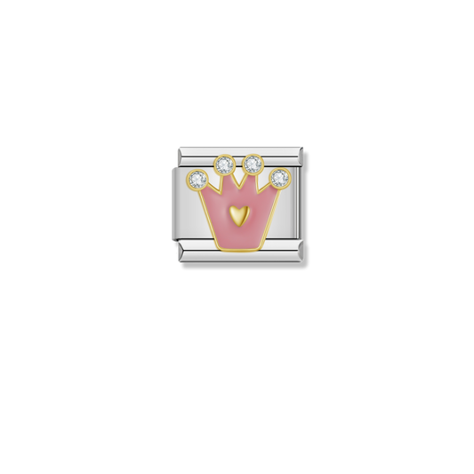 Pink Crown with Gold Heart - Silver Charm