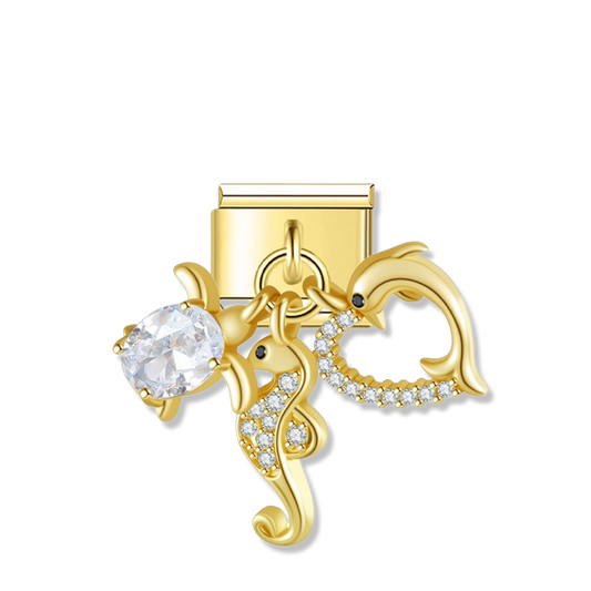 Dolphin and Seahorse with Crystal - Gold Pendant Charm