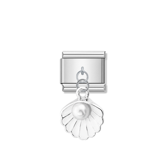White Shell with Resin Pearl – Silver Italian Pendant Charm – Italian charm by Italycharm