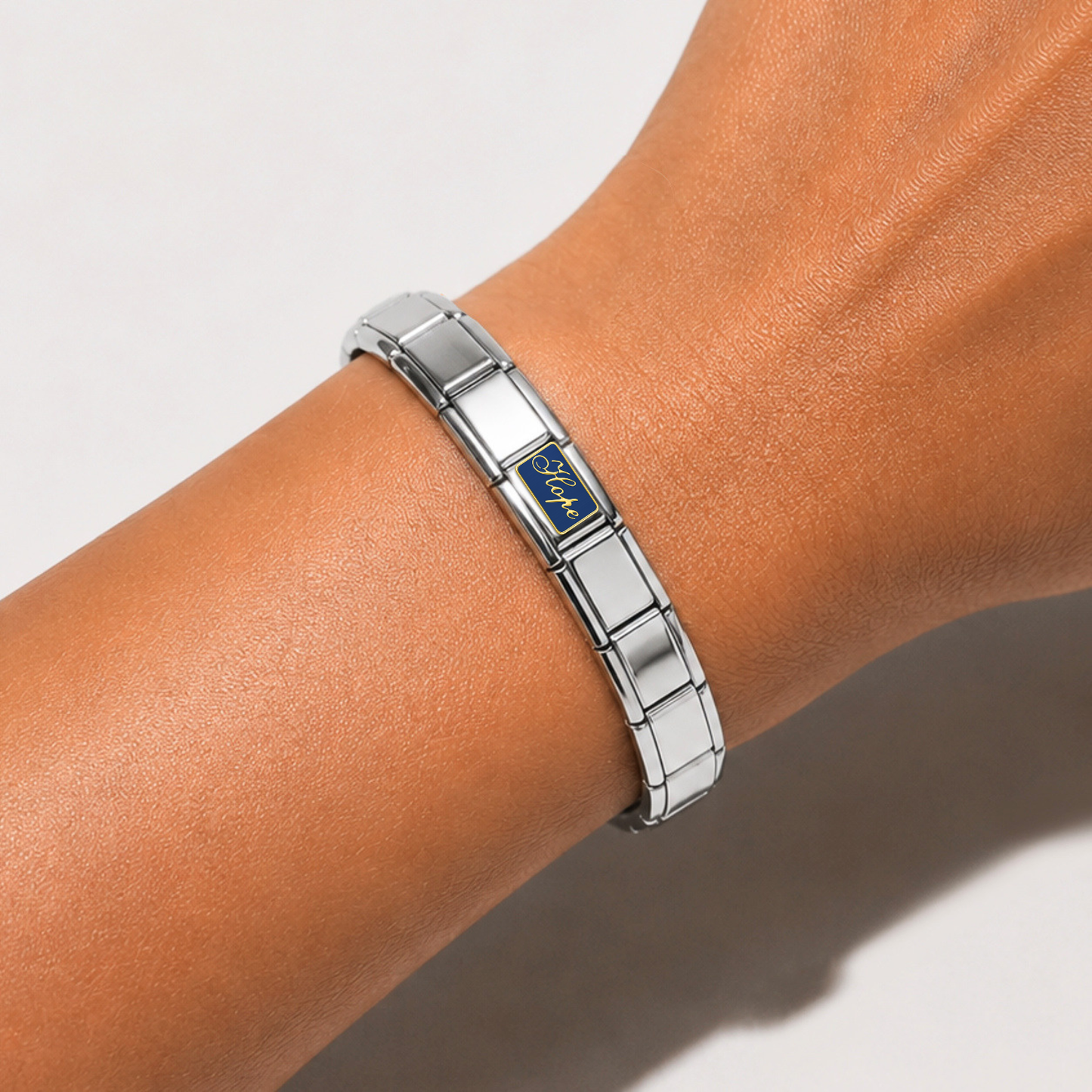 Hope – silver Italian charm worn on an Italian charm bracelet