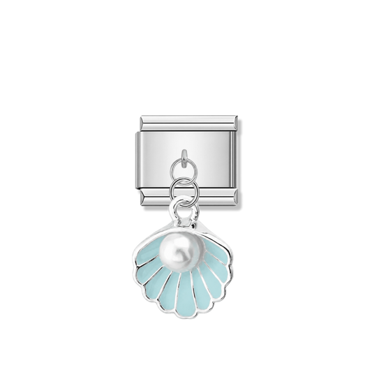 Blue Shell with Resin Pearl – Silver Italian Pendant Charm – Italian charm by Italycharm