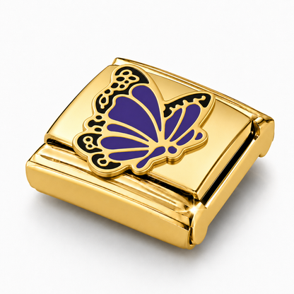 Dark Blue Butterfly – gold Italian charm close-up view