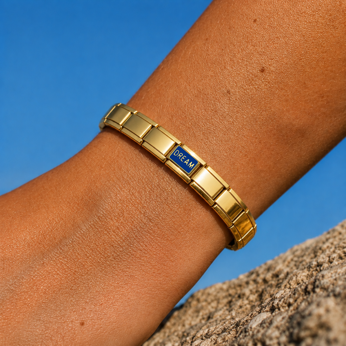 Dream – gold Italian charm worn on an Italian charm bracelet
