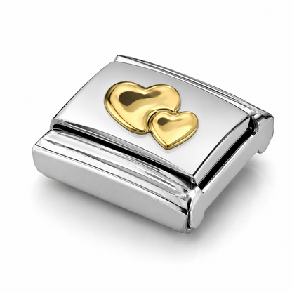 Golden Double Heart – silver Italian charm close-up view