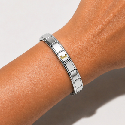 Golden Letter J – silver Italian charm worn on an Italian charm bracelet