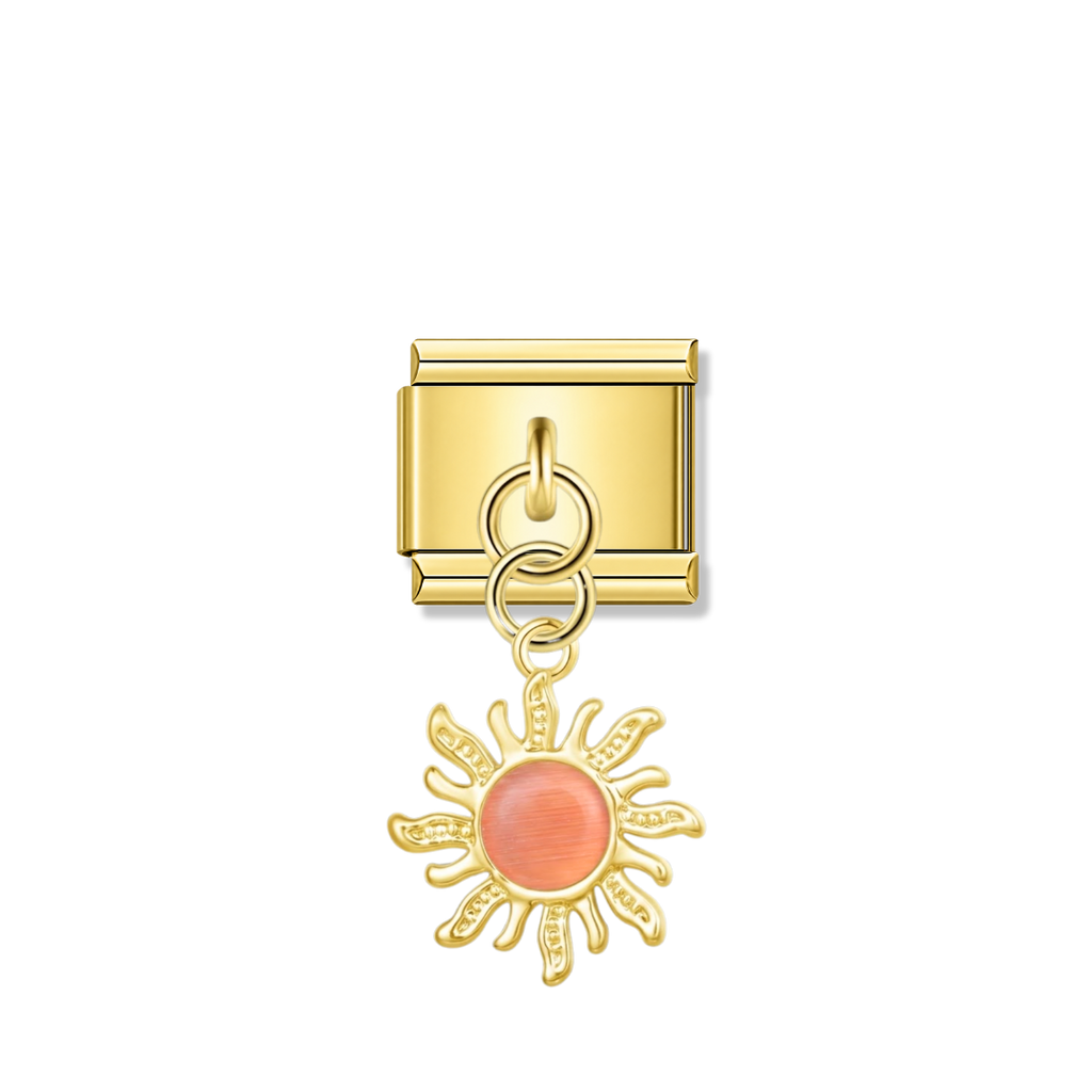 Golden Sun with Peach Resin Gem - Gold Pendant Charm
