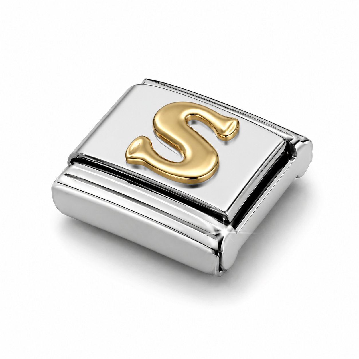 Golden letter S – silver Italian charm close-up view