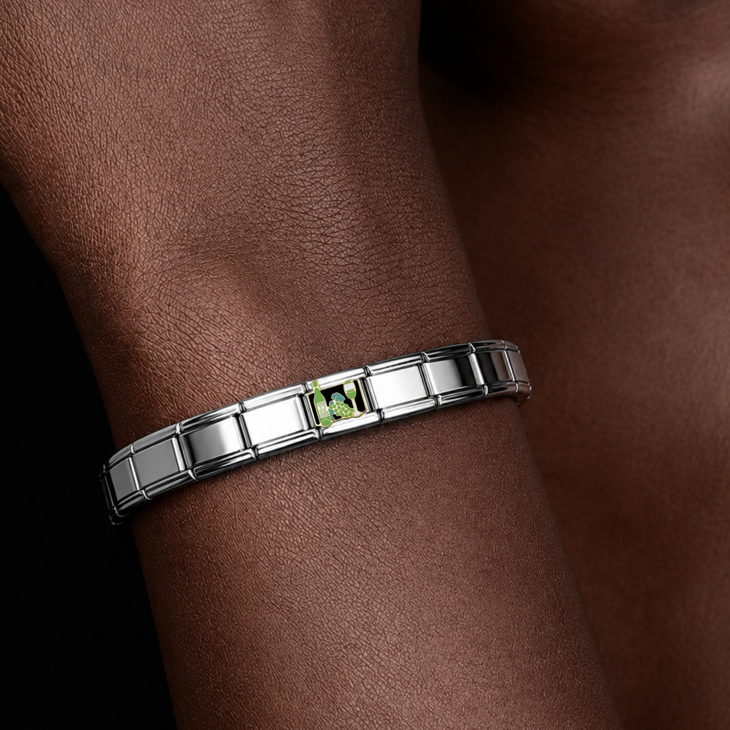 Green Wine & Dine – silver Italian charm worn on an Italian charm bracelet