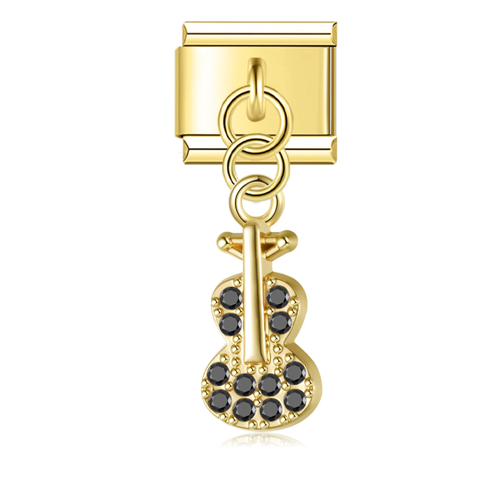 Guitar with Black CZ - Gold Pendant Charm